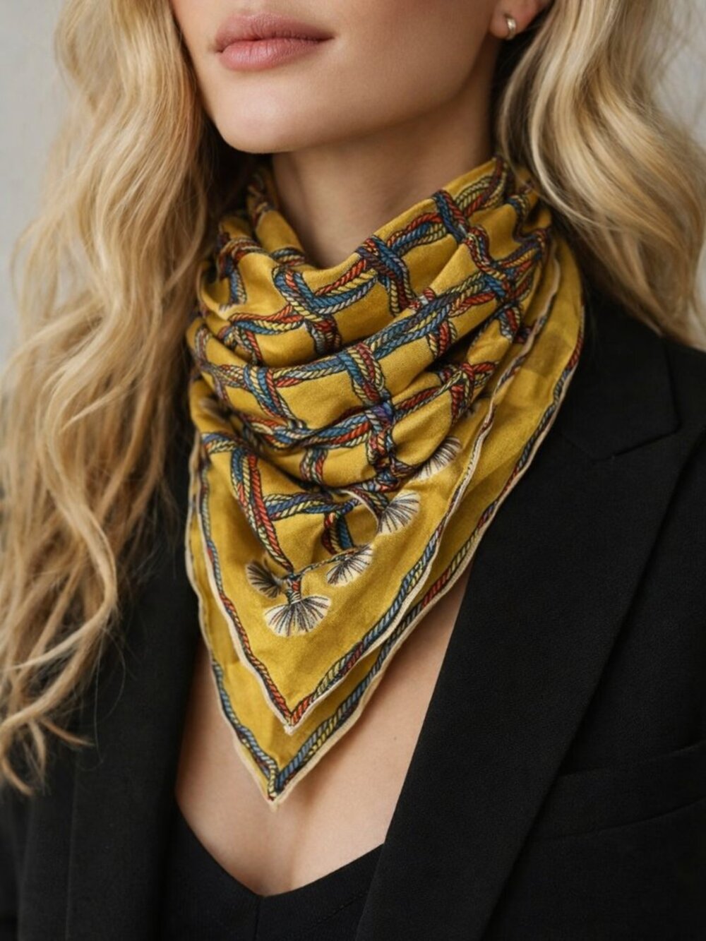 Vintage Silk Rope Woven Print Multicolor Scarf Wrap